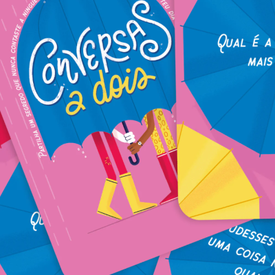 Capa de jogo ou livro 'Conversas à dois' com guarda-chuvas e ilustração de pessoas com botas