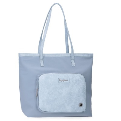 Mala tote azul clara com bolso frontal e alças longas