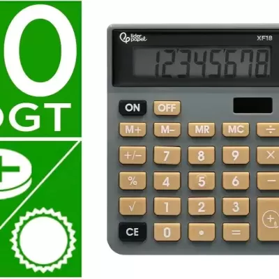 Calculadora cinza com teclas bege e preto e visor digital