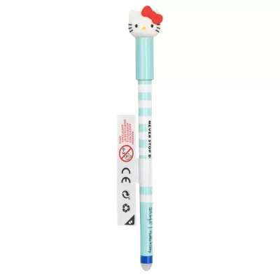 Caneta azul claro e branco com tampa da Hello Kitty