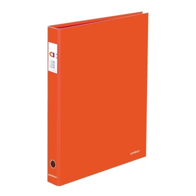 Arquivador laranja com etiqueta branca e texto ambar: