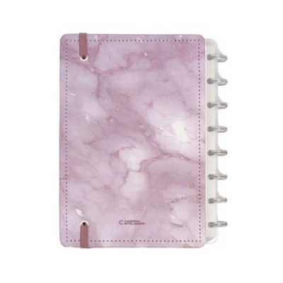 Caderno rosa marmoreado com elástico e argolas transparentes