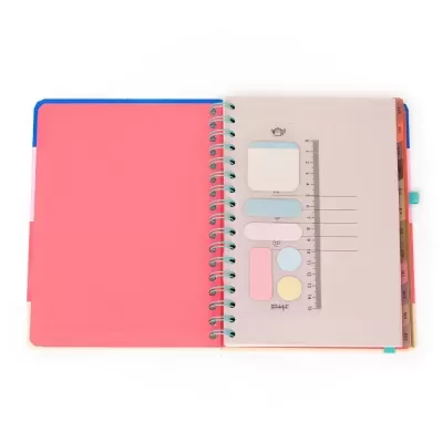 Caderno espiral aberto com páginas cor-de-rosa e cinza e marcador transparente com notas autocolantes coloridas