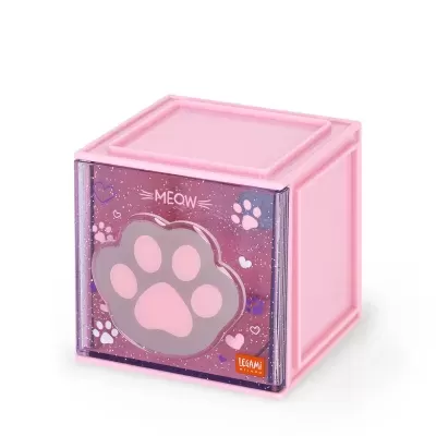 Caixa organizadora rosa com porta de pata de gato e texto MEOW