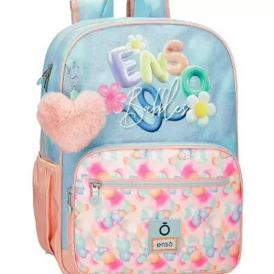 Mochila azul e rosa com padrão de bolhas coloridas e chaveiro de coração felpudo