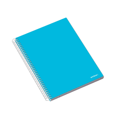 Caderno de argolas com capa azul e texto ambari