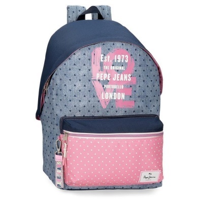 Mochila Pepe Jeans azul e rosa com padrão de corações e texto decorativo