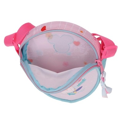 Bolsa redonda infantil rosa e azul com desenho colorido e alça rosa