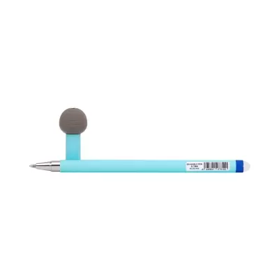 Caneta azul claro com tampa azul escuro e suporte com rosto cinza