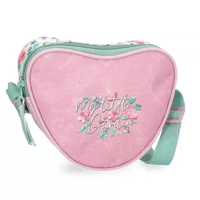 Bolsa em forma de coração cor-de-rosa com padrão floral e correia verde menta.