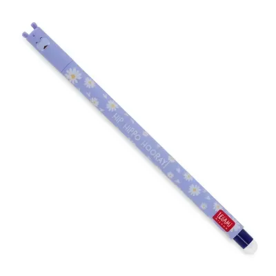 Caneta decorada azul clara com desenho de hipopótamo e margaridas