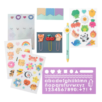 Conjunto colorido de papelaria com clips decorativos, caneta, autocolantes, carimbos e estêncil