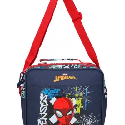 Mala azul escura com estampa Spider-Man e alça vermelha