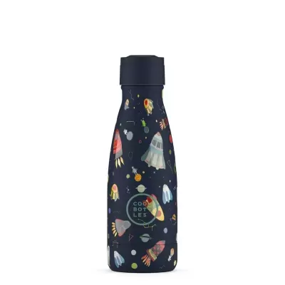 Garrafa térmica com padrão de foguetes coloridos e texto COOL BOTTLES