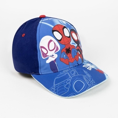 Boné azul com personagens do Homem-Aranha em estilo cartoon e frase TEAM SPIDER