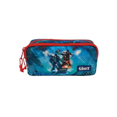 Estojo escolar com design azul, personagens e fecho vermelho