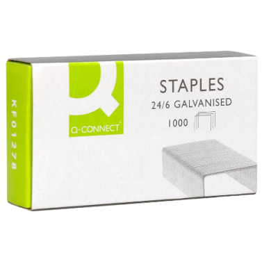 Caixa branca e verde de agrafos galvanizados Q-Connect 24/6 com 1000 unidades