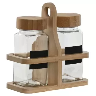 Conjunto de frascos de vidro com tampa de madeira num suporte de madeira com alça