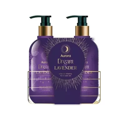 Conjunto de produtos Aurora Dream Lavender com frascos roxos e tampa de bomba