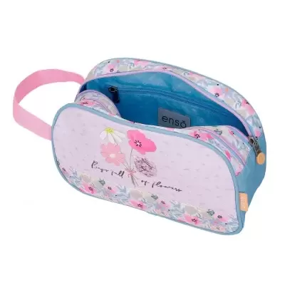 Necessaire em tecido com padrão floral e texto 'Be full of flowers'