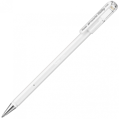 Caneta branca Pentel Hybrid Milky K103S com corpo translúcido e clip prateado