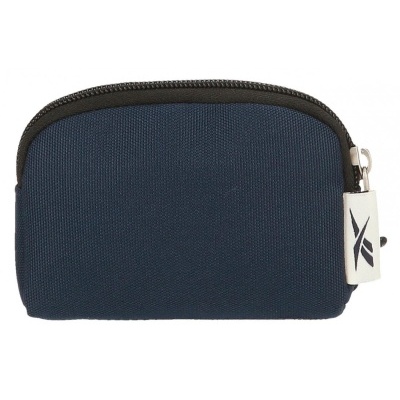 Bolsa pequena azul escuro com fecho de correr preto e etiqueta com logótipo