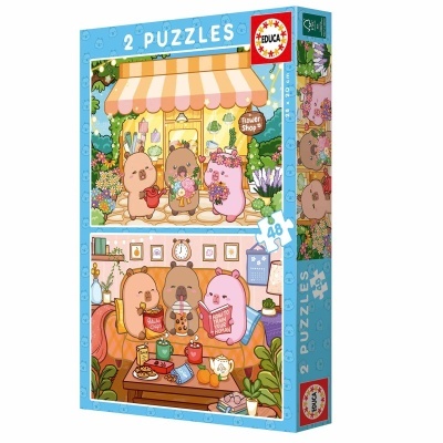 Caixa de 2 puzzles com 48 peças, ilustrações coloridas de ursos em loja de flores e sala com snacks
