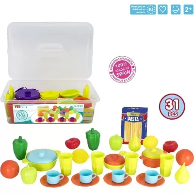 Brinquedo de cozinha em 31 peças plásticas coloridas com panelas e alimentos falso em caixa transparente
