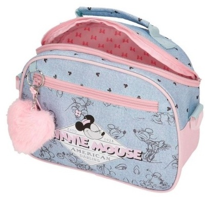 Bolsa infantil azul com Minnie Mouse e rosa com coração peludo