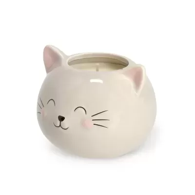 Vela em recipiente cerâmico branco com cabeça de gato desenhada