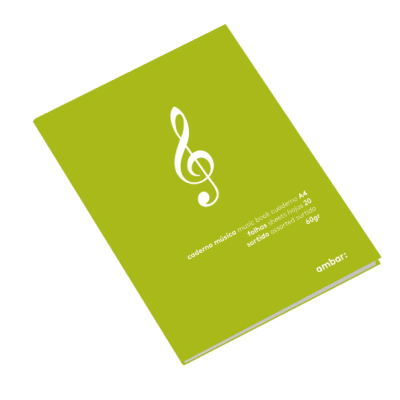 Caderno A4 verde para música com nota musical branca e texto em branco