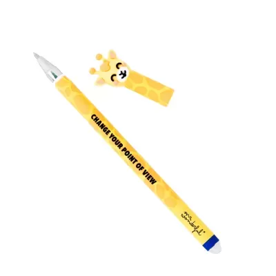 Caneta amarela com padrão de girafa e tampa com cabeça de girafa sorridente