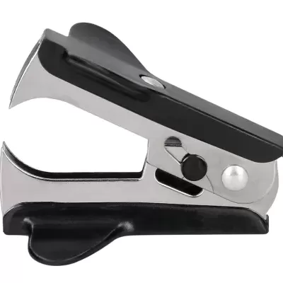 Agrafador de secretária pequeno metal prateado e plástico preto