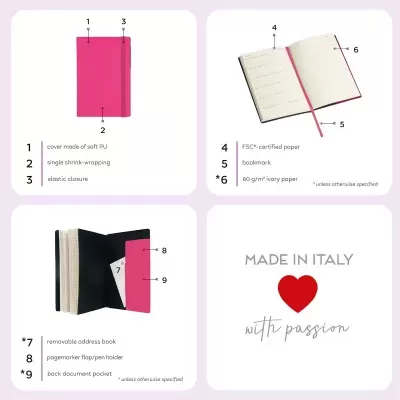 Caderno rosa com fecho elástico, detalhes de papel e compartimentos interiores pretos, texto MADE IN ITALY with passion.