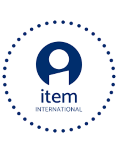 Logótipo azul circular com texto 'item INTERNATIONAL'
