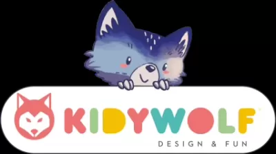 Logótipo colorido KIDYWOLF com ilustrações de lobos estilo cartoon sobre fundo preto
