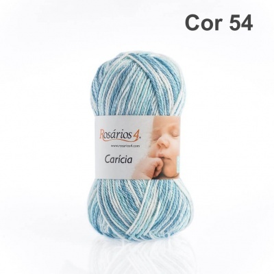 Novelo de lã azul claro, branco e cinza com etiqueta branca mostrando um bebé e textos Rosários 4 e Carícia