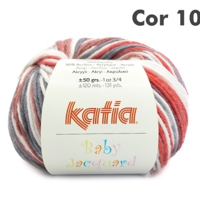 Novelo de lã multicolorida Katia Baby Jacquard cor 100 com etiqueta informativa.