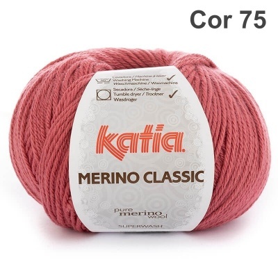 Novelo de lã Katia Merino Classic cor 75 rosa com etiqueta branca