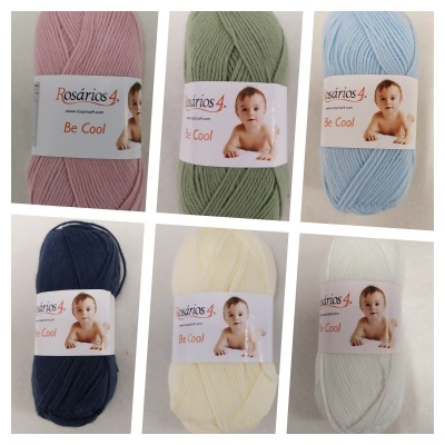 Seis motas de fio de várias cores Rosários 4 Be Cool com imagem de bebé nas etiquetas