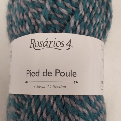 Novelo de lã Rosários 4 Pied de Poule azul e cinza com etiqueta branca