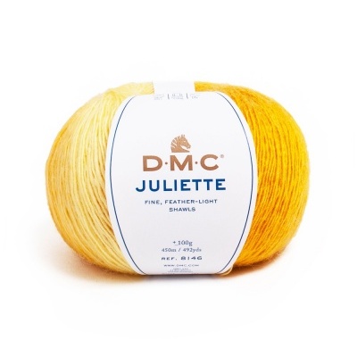 Novel de lã DMC Juliette em amarelo, com rótulo branco e texto, sobre fundo branco