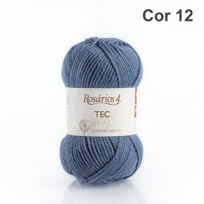 Novelo de fio azul cinzento com etiqueta branca Rosários 4 TEC
