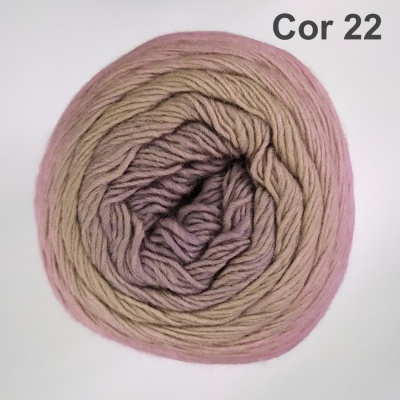 Rolo de fio de malha em degradê castanho claro a rosa com texto Cor 22