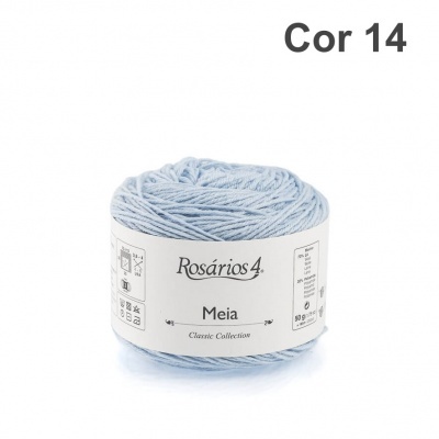 Novelo de fio azul claro Rosários4 Classic Collection com etiqueta branca e texto Cor 14