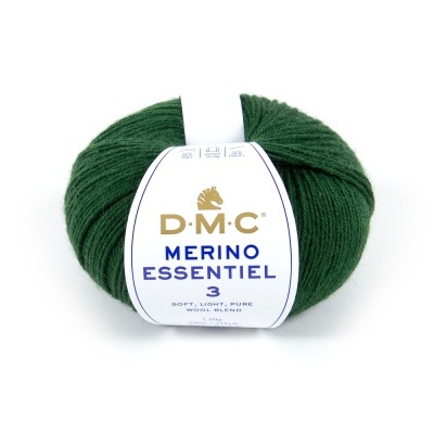 Bola de lã verde escura DMC Merino Essentiel 3, cor 967, em fundo branco