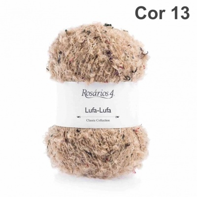 Novelo de fio Lufa-Lufa, cor 13, textura peluda bege com detalhes coloridos