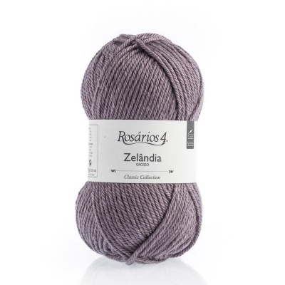 Novelo de lã grosso cinzento-roxo com etiqueta da marca Rosários 4 Zelândia