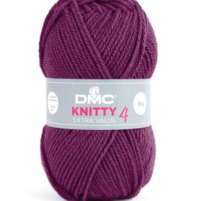 Novelo de lã roxa DMC Knitty 4 com etiqueta branca e cinza