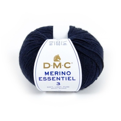 Novelo de lã azul escuro com etiqueta branca DMC MERINO ESSENTIEL 3